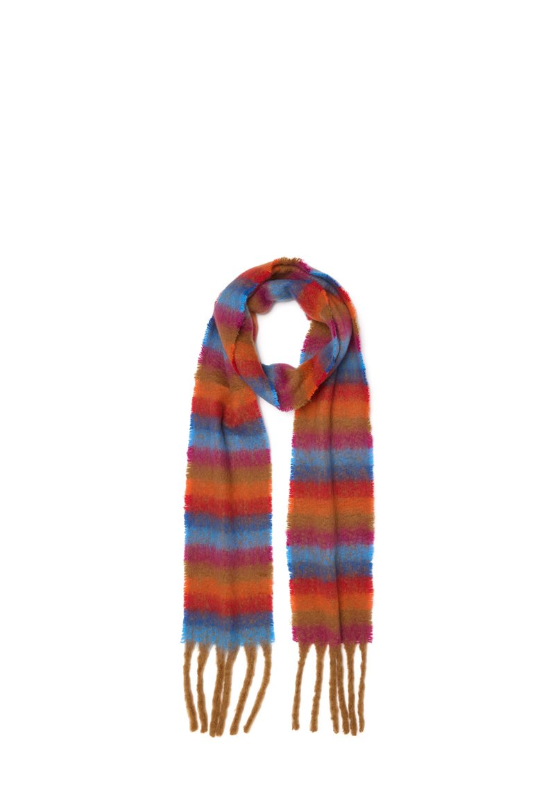 Meerkleurige sjaal met horizontale strepen in blauw, rood, oranje en roze. Zachte textuur met franje aan de uiteinden. Rechthoekige vorm.