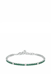 Braccialetto d'argento con pietre preziose verdi e trasparenti alternate, dal design elegante e chiusura a moschettone. Lunghezza regolabile con catena.