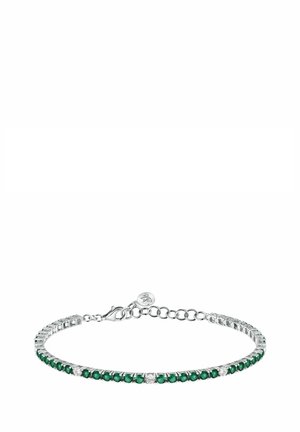 Braccialetto d'argento con pietre preziose verdi e trasparenti alternate, dal design elegante e chiusura a moschettone. Lunghezza regolabile con catena.