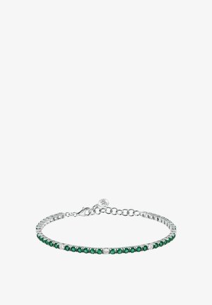 Braccialetto d'argento con pietre preziose verdi e trasparenti alternate, dal design elegante e chiusura a moschettone. Lunghezza regolabile con catena.