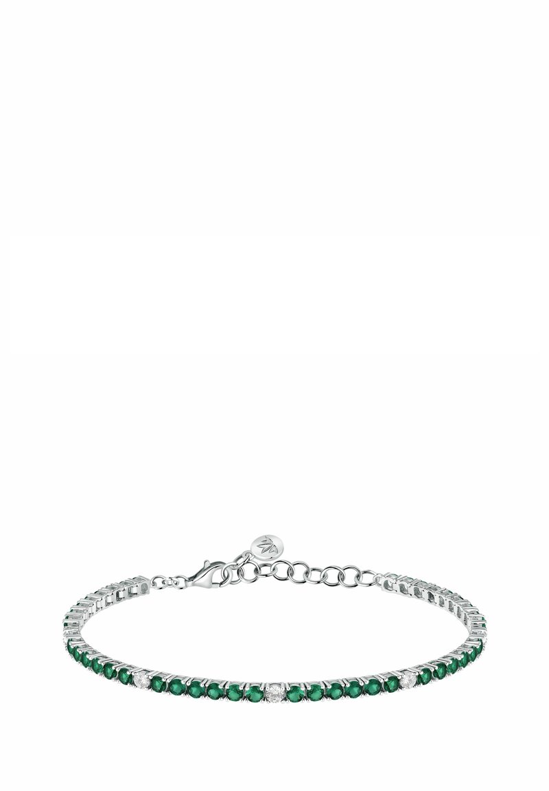 Braccialetto d'argento con pietre preziose verdi e trasparenti alternate, dal design elegante e chiusura a moschettone. Lunghezza regolabile con catena.