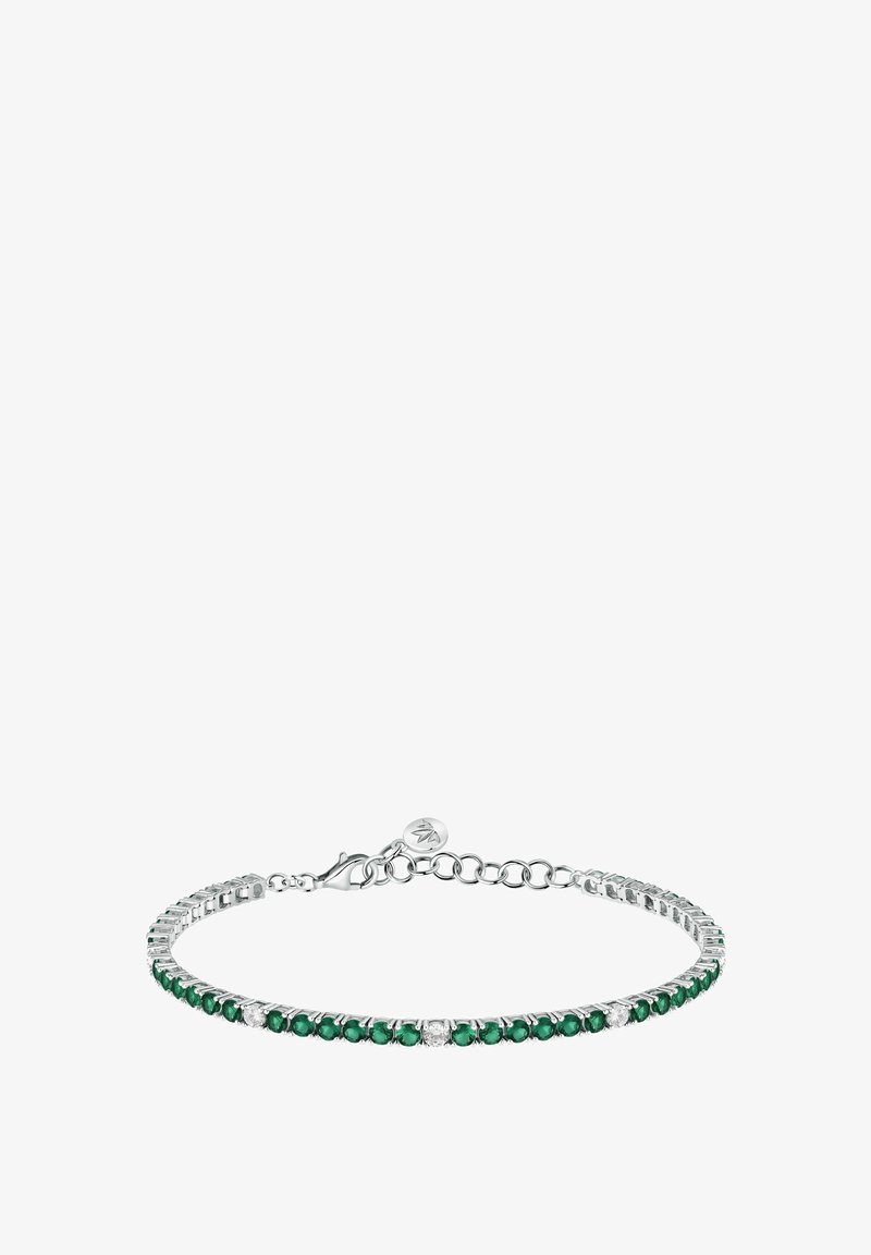 Braccialetto d'argento con pietre preziose verdi e trasparenti alternate, dal design elegante e chiusura a moschettone. Lunghezza regolabile con catena.