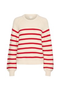 Kremowy sweter z szerokimi czerwonymi paskami, z okrągłym ściągaczem i mankietami o prążkowanej strukturze. Miękka faktura i luźny krój. Brak dodatkowych wzorów lub akcentów.
