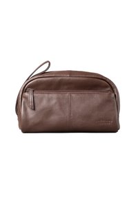 Brown leather toiletry bag with a smooth texture, zip closure, and side handle. Features a front pocket for additional storage.