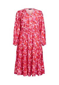 Gėlių suknelė, pagaminta iš lengvo audinio. Turi V formos iškirpę, ilgomis rankovėmis, elastingą liemenį ir sluoksniuotą sijoną rožinės, raudonos ir baltos spalvų atspalviuose.