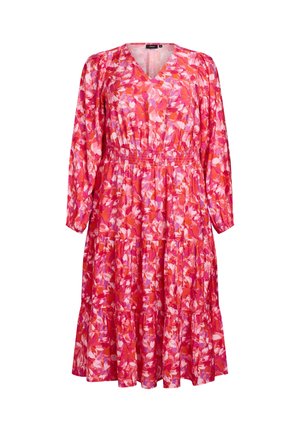 Kwiatowa sukienka wykonana z lekkiego materiału. Posiada dekolt w serek, długie rękawy, elastyczny pas oraz falbaniaste spódnice w odcieniach różu, czerwieni i bieli.