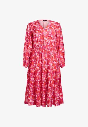 Blumenkleid aus leichtem Stoff. Hat einen V-Ausschnitt, lange Ärmel, einen elastischen Bund und einen gestuften Rock in Pink-, Rot- und Weißtönen.