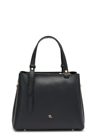 Borsa a mano nera in pelle con superficie texture, due manici corti, accessori dorati e un piccolo logo sulla parte anteriore.