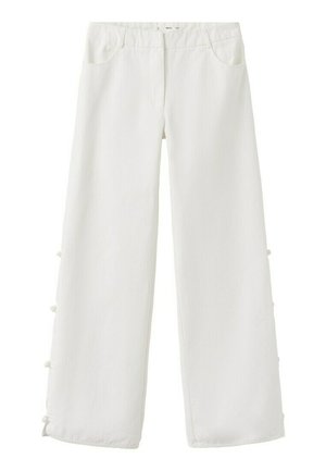 Pantalones blancos de pierna ancha con detalles de botones laterales y bolsillos frontales, diseñados para un ajuste relajado y uso casual.