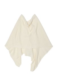 Ivory poncho gemaakt van zachte, lichtgewicht stof, met een gedrapeerd ontwerp, een asymmetrische zoom en een gladde textuur, geschikt voor lagen.