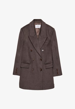 Mørkebrun uldblazer med dobbeltbrystet design, store revers, fire forreste knapper og to sidelommer. Glat inderlinning.