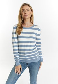 Pulover cu dungi alb-albastre, cu guler rotund, mâneci lungi și un material texturat. Puloverul are o siluetă ajustată și manșete cu un model fronsat.