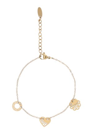 Finom aranylánc karkötő három kis medállal: egy kivágott kör, geometriai mintákkal díszített szív és egy forgó mintás felhő.