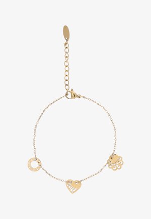 Bracciale delicato in catena d'oro con tre piccoli ciondoli: un cerchio traforato, un cuore con motivi geometrici e una nuvola con riccioli.