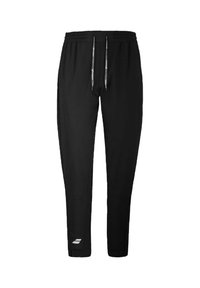 Pantalones deportivos negros con cintura ajustable mediante cordón, piernas entalladas y un detalle de logo blanco en la parte inferior izquierda. Textura de tela suave.