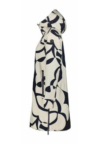 Wodoodporna kurtka z kapturem, o kremowej bazie i odważnym granatowym kwiatowym wzorze, z bocznymi kieszeniami na zamek oraz regulowanym ściągaczem na dole.