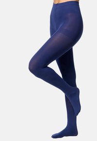 Granatowe, matowe rajstopy o bezszwowym designie, rozciągliwym materiale, pełnej długości, z gładką fakturą i wzmocnioną piętą.