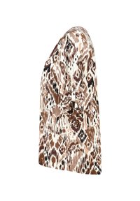 Bruine en beige geblokte tuniek met een relaxte pasvorm, voorzien van lange mouwen, een ronde hals en geplooide details aan de achterkant.