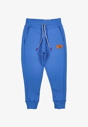 Blaue Jogginghose aus weichem Stoff, mit einem gerippten Bund, verstellbaren Kordeln, seitlichen Taschen und einem Leder-Logopatch.