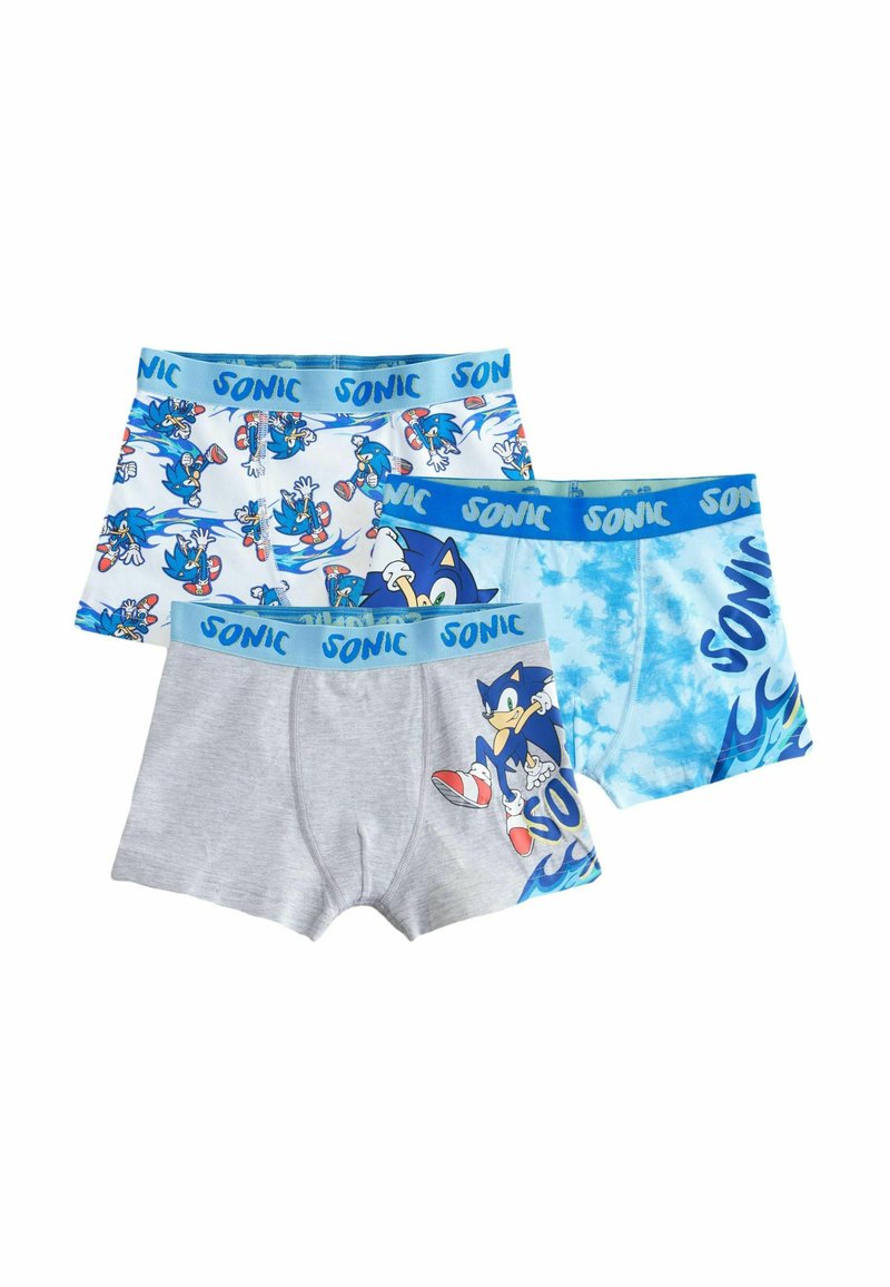 Drei Paar Jungenunterwäsche mit Sonic the Hedgehog-Motiven, in den Farben Blau, Grau und Batik, mit elastischen Bündchen.
