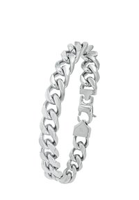 Pulsera de cadena de plata hecha de eslabones de metal pulido. Presenta grandes eslabones ovalados entrelazados y un cierre seguro con un diseño geométrico.