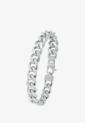 Silberne Kettenarmband aus polierten Metallringen. Merkmale große, miteinander verbundene ovale Ringe und einen sicheren Verschluss mit einem geometrischen Design.