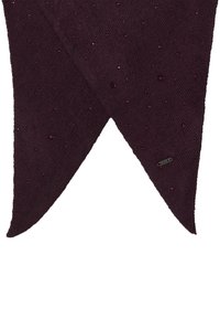 Écharpe en tricot bordeaux avec un motif texturé, ornée de petites perles foncées, présentant une extrémité pointue et une étiquette de marque métallique.