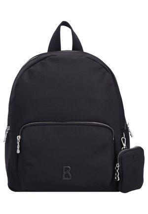 Black nylon backpack with rounded shape, dual zippers, front pocket, and logo detail. Includes a detachable small pouch with a zipper.