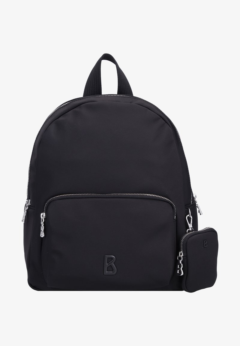 Zaino in nylon nero con forma arrotondata, doppia cerniera, tasca frontale e dettaglio del logo. Include una piccola borsa staccabile con cerniera.