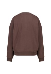 Brown cotton sweatshirt with a relaxed fit, round neck, and ribbed cuffs. Smooth texture and simple, seamless back design.
