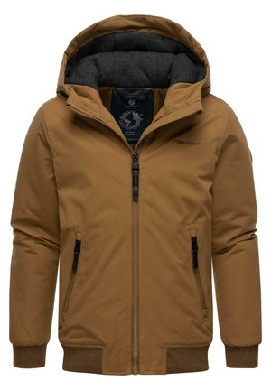 Veste d'hiver marron à capuche avec doublure intérieure noire, fermeture éclair frontale, poches latérales zippées, et poignets et ourlet côtelés.