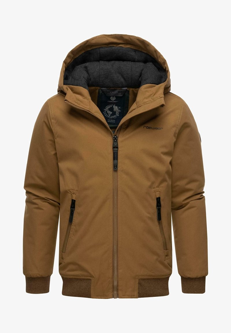 Veste d'hiver marron à capuche avec doublure intérieure noire, fermeture éclair frontale, poches latérales zippées, et poignets et ourlet côtelés.