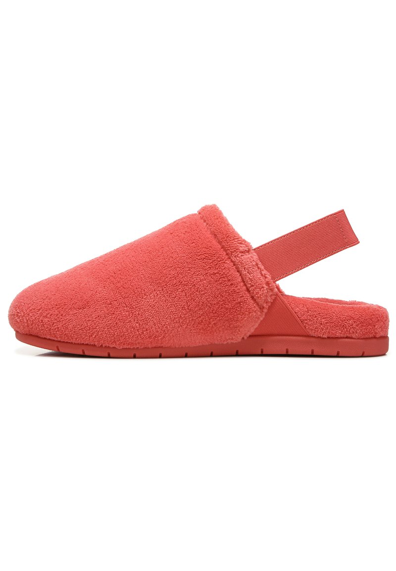 Coral slipper in soft, plush fabric with a back strap for secure fit. Features a flat rubber sole and a rounded toe design.