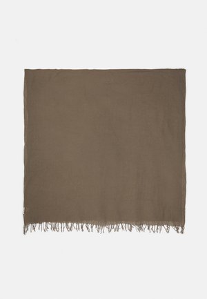 Brown rectangular scarf made of lightweight fabric, featuring frayed edges. Smooth texture with a plain design.