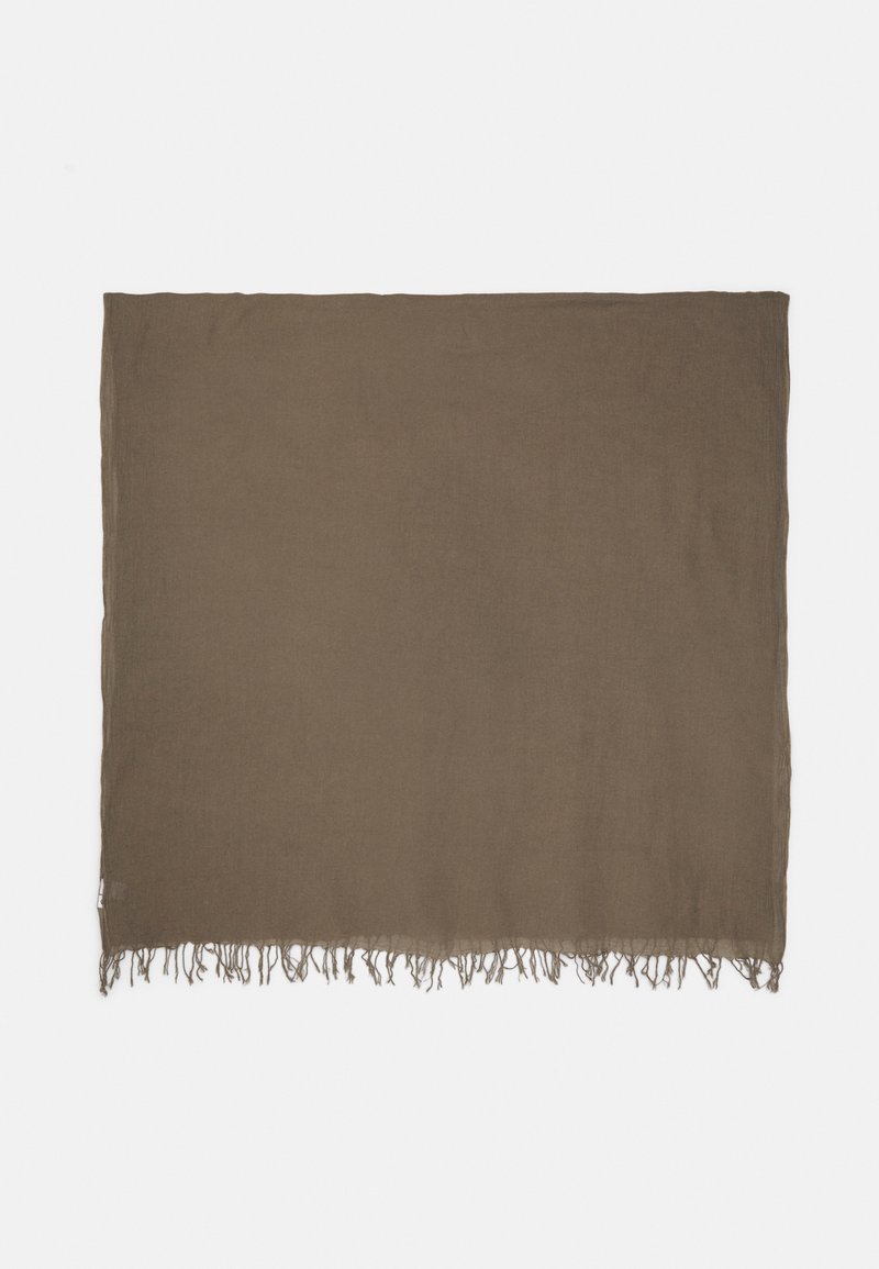 Brown rectangular scarf made of lightweight fabric, featuring frayed edges. Smooth texture with a plain design.