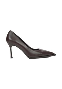Brown leather pointed-toe pump with a slim high heel and a smooth texture. The shoe features a minimalistic design and a sleek silhouette.