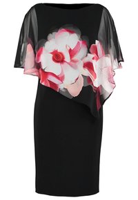 Schwarzes Kleid mit einem durchsichtigen Überzug und großen rosa-weißen Blumenmustern. Das Design umfasst einen runden Ausschnitt und eine taillierte Silhouette.