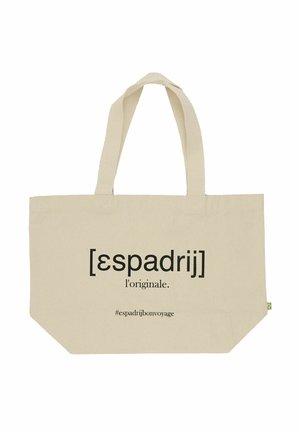 Beige cotton tote bag with two handles, featuring black text that reads "espadrij l'originale" and hashtag "#espadrijbonvoyage" on front.