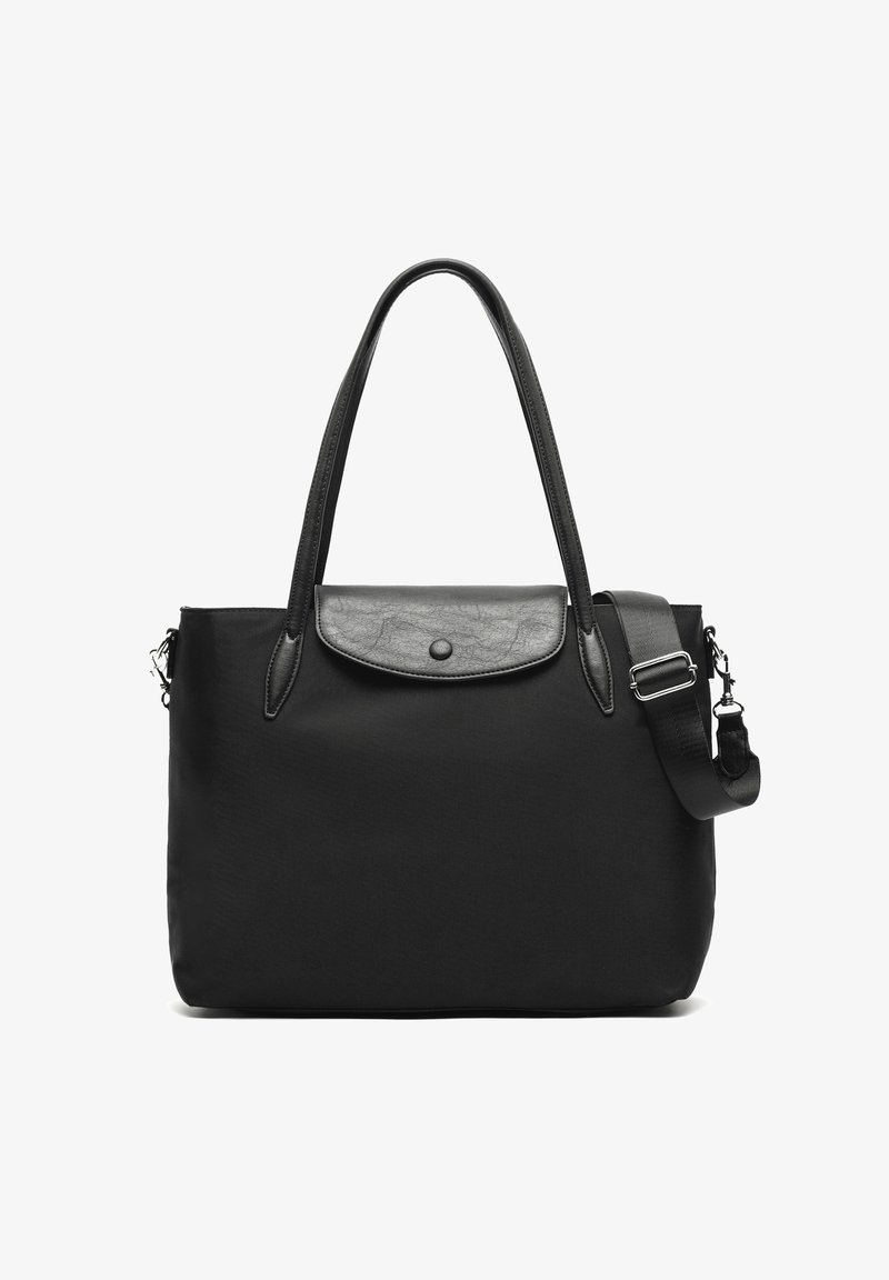 Črna pravokotna torba za na rame z usnjenim poklopcem in zaponko na pritrditev, dvojni ročaji ter snemljiv in nastavljiv naramni trak.