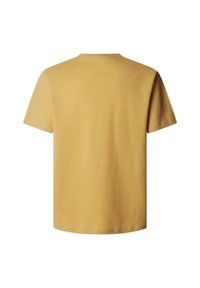Camiseta de manga corta color mostaza, hecha de algodón, con un cuello redondo clásico y una textura suave, mostrada desde la parte de atrás.