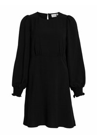 Robe noire avec un col rond, de longues manches bouffantes, une taille froncée et des détails de poignet élastiques. Tissu lisse avec une silhouette simple.