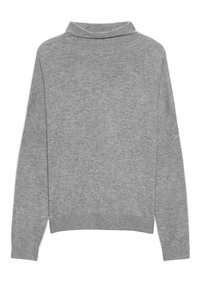 Pull en maille gris à manches longues, poignets côtelés et col roulé ample, posé à plat sur un fond blanc.