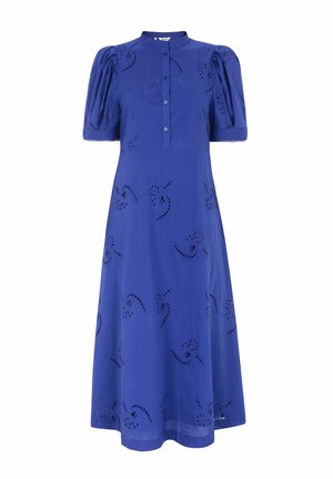 Robe en coton bleu avec manches courtes bouffantes, fermeture à boutons sur le devant, motifs brodés et silhouette trapèze longueur genou.