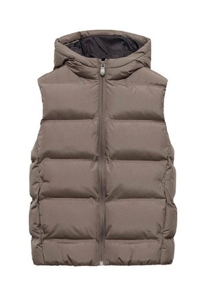 Brun polstret ærmeløs vest med frontlynlås og fast hætte, designet til varme og udendørs brug.