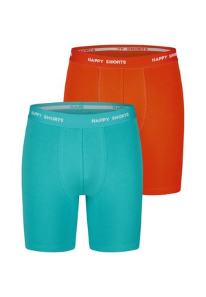 Two pairs of men's boxer briefs in solid colors, one turquoise and one orange, both with "HAPPY SHORTS" on the waistband.