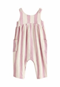 Combinaison en coton rayé rose pâle et crème, avec de larges bretelles, une taille froncée et deux poches avant.