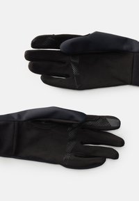 Crne rukavice izrađene od mekog, teksturiranog materijala s glatkom završnom obradom. Karakteristike uključuju akcent s protukliznim svojstvom i elegantan, prilagođen dizajn.