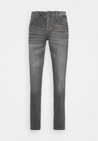 Jeans cinzas slim-fit feitos de denim, apresentando detalhes discretos de desgaste, cinco bolsos e uma cintura padrão com passadores para cinto.