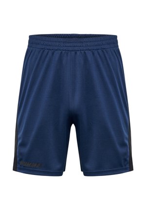 Marineblå træningsshorts med sorte sidelapper, elastisk talje, letvægtsmateriale, prydet med et lille "HUMMEL"-logo i venstre front.