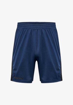 Marineblaue Sportshorts mit schwarzen Seitenpanelen, elastischem Bund, leichtem Gewebe und einem kleinen "HUMMEL"-Logo auf der linken Vorderseite.